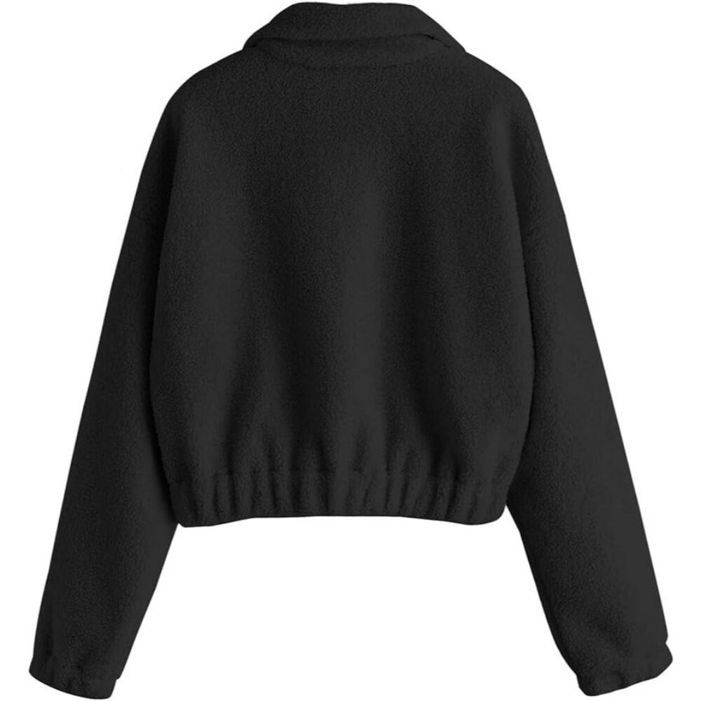 Women's Black long Sleeve Lapel Half Zip Plain Faux Fur Solid Sweatshirt - Picture 3 of 5